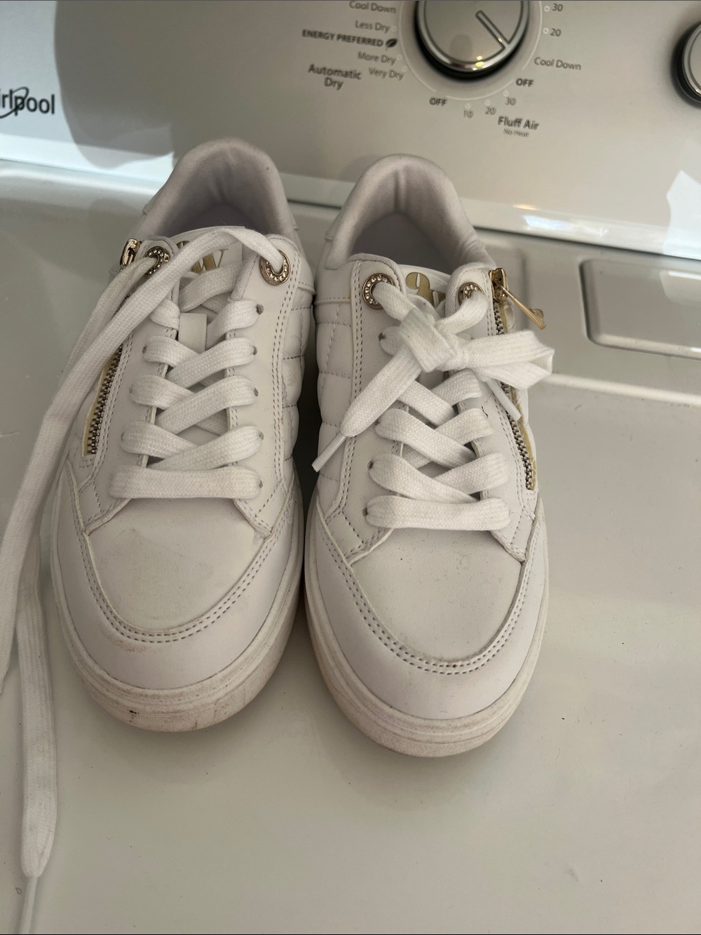 Nine West White Leather Sneakers with Gold Zip Accents